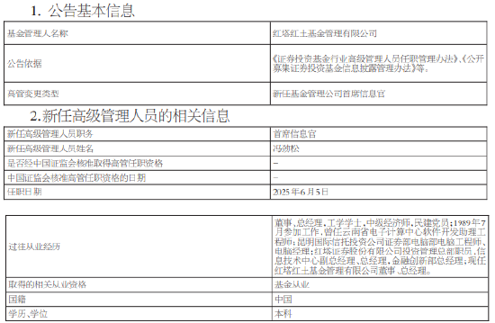 红塔红土基金新任冯劲松(🕘)为首席信息官